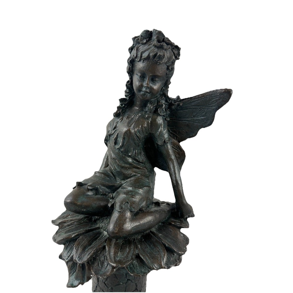 Fairy Statue Three Hands Corp 16" Bronze-Like Pixie Sitting On Flower Pedestal